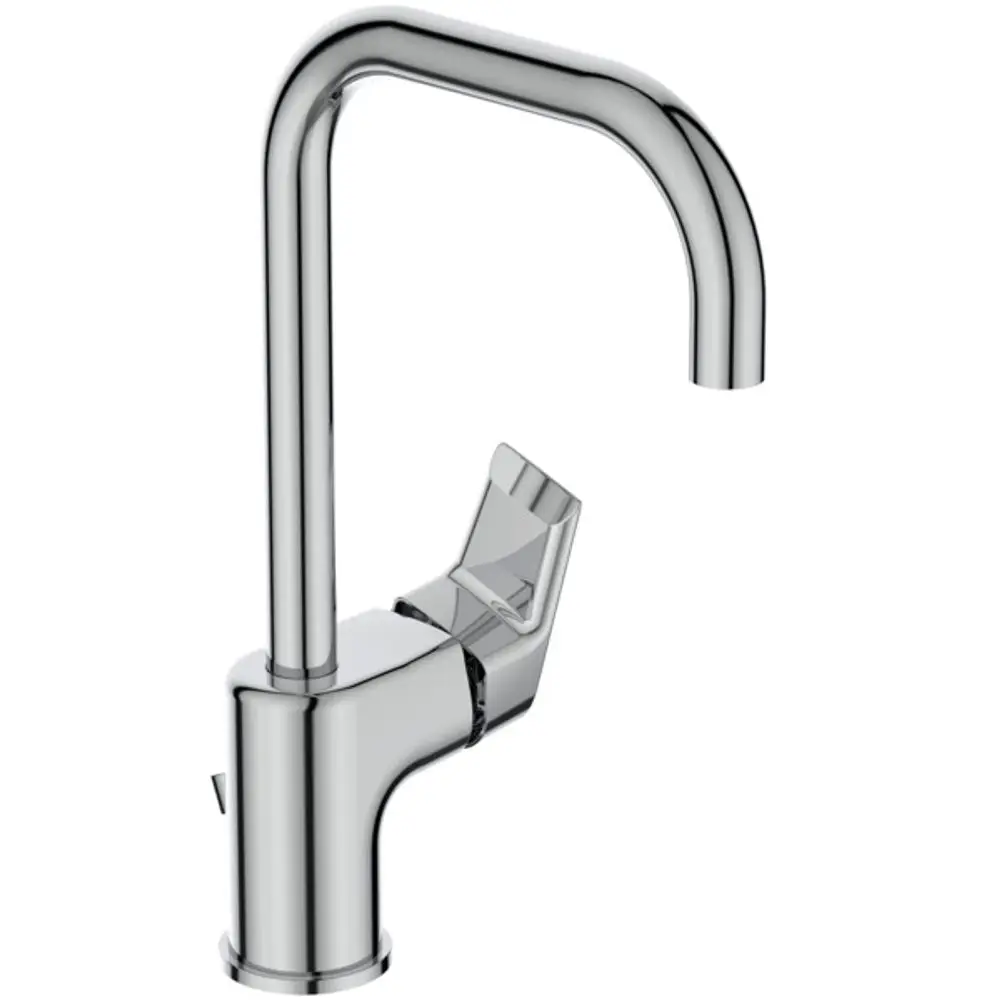 Waschtischarmatur in Chrom von Ideal Standard mit hohem Auslauf und seitlichem Bedienhebel. Schlichte Form für moderne Badezimmergestaltung.